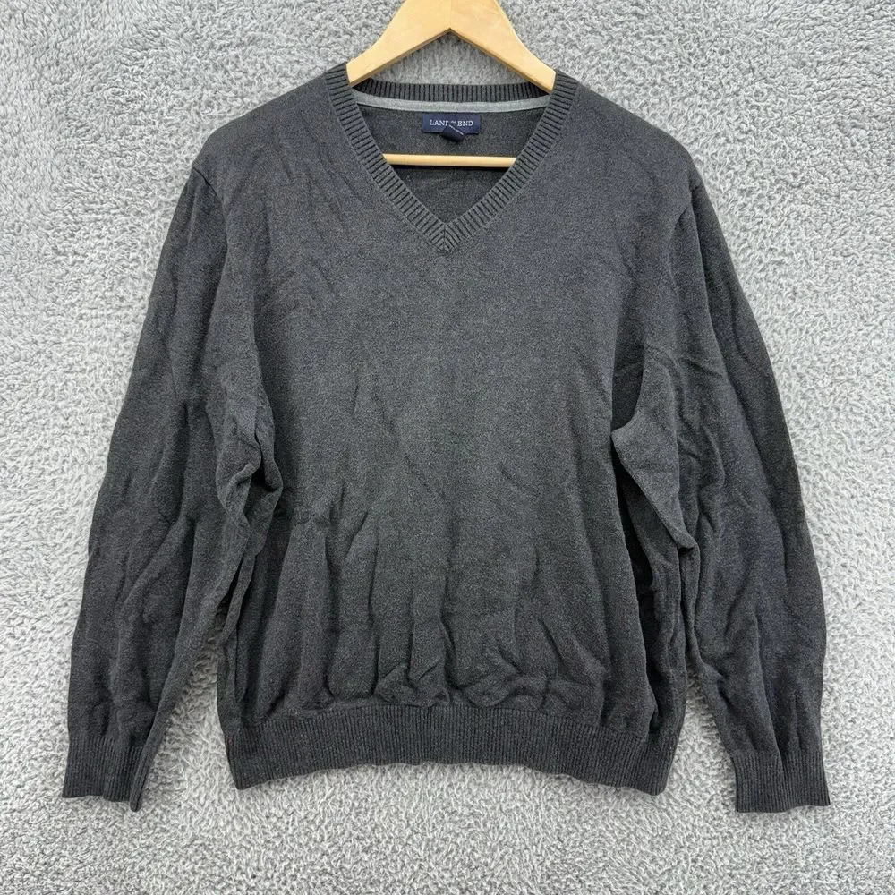Lands End Sweater Mens L Gray 100% Cotton Pullover V-Neck Casual Long Sleeve